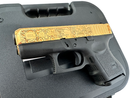 CUSTOM GLOCK 26 GEN 3 FULLY ENGRAVED AND 24K GOLD PLATED SLIDE MAYAN AZTEC