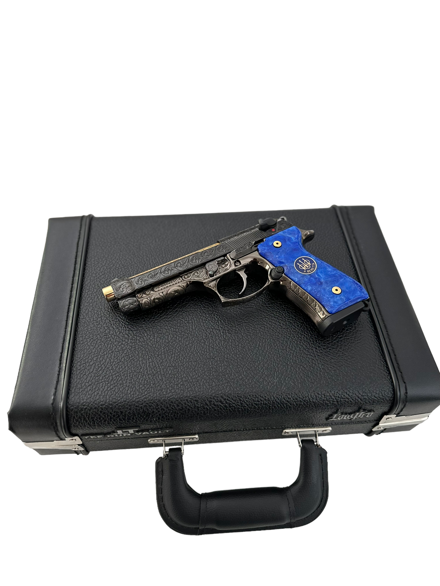 Beretta 92 M9 custom fully engraved black nickel with 24k gold barrel and custom blue grips 9mm (pre-owned)