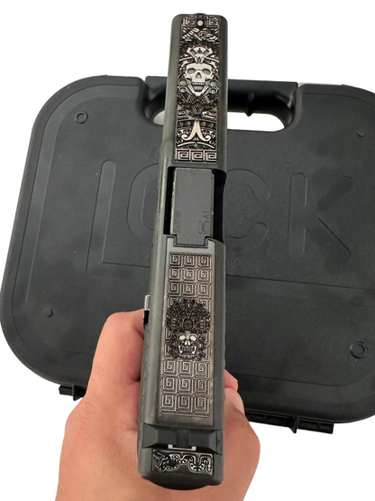GLOCK 17 CUSTOM ENGRAVED WITH BLUE FINISH SLIDE ZAPATA DEEP ENGRAVED ZEV BARREL , AGENCY TRIGGER