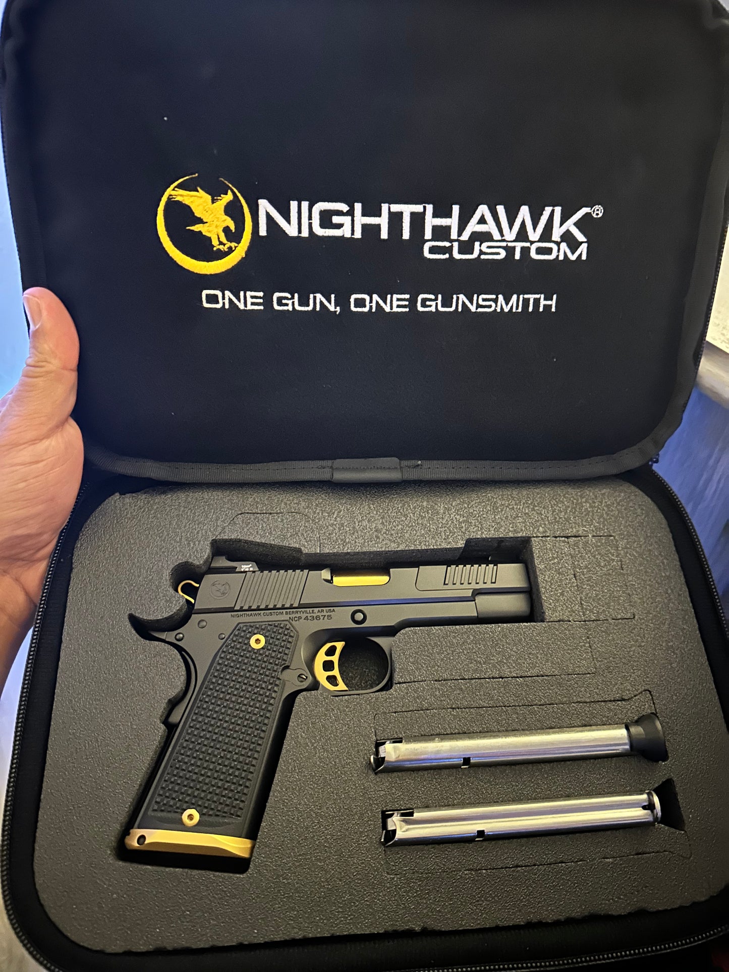 NIGHTHAWK CUSTOM DELEGATE 9MM BLACK/GOLD WITH MAMMOTH IVORY GRIPS.