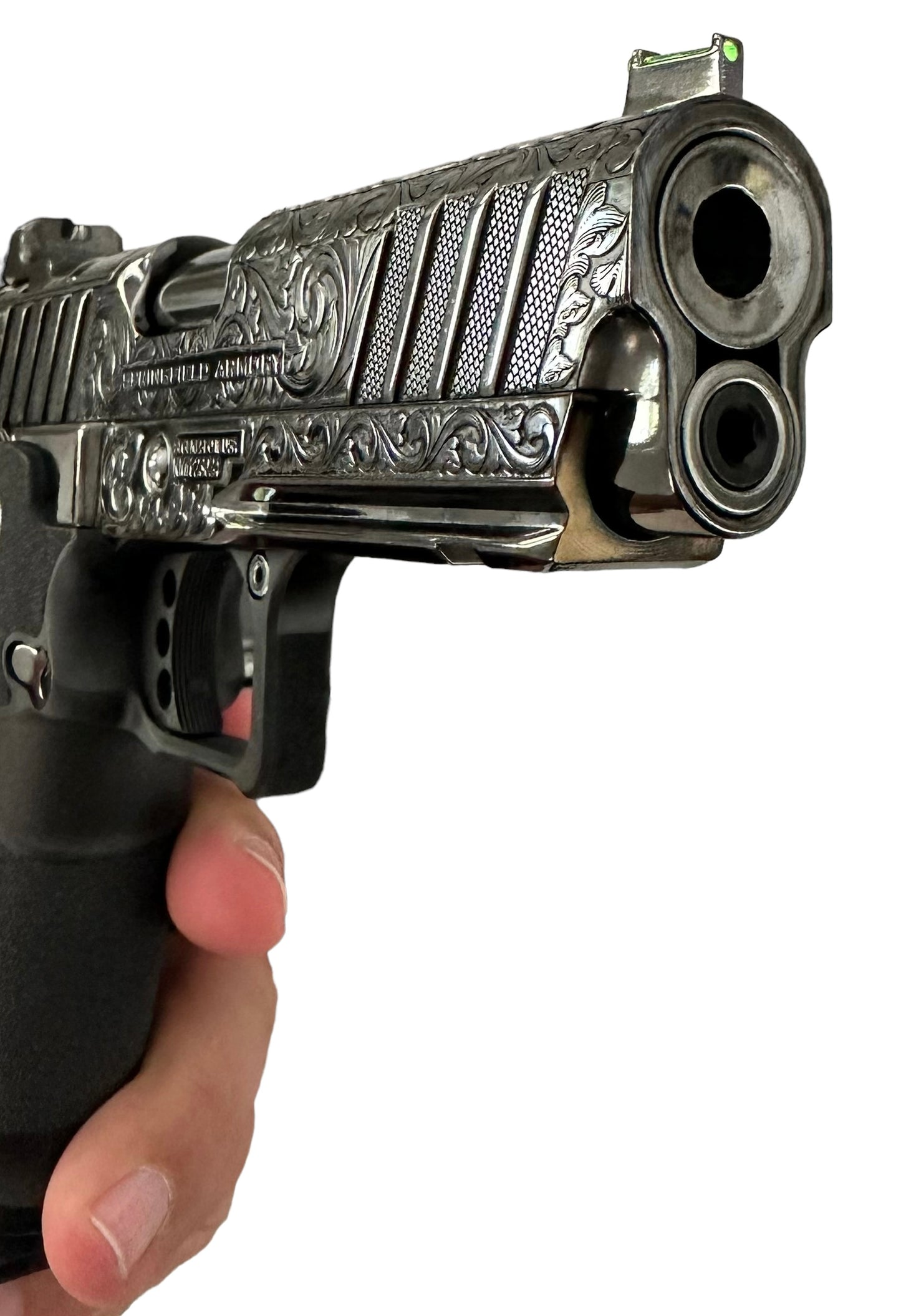 SPRINGFIELD ARMORY PRODIGY 2011 CUSTOM PISTOL 9MM. FULLY ENGRAVED , HIGH POLISHED AND BLACK CHROMED.