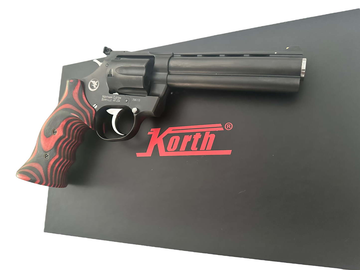 Nighthawk custom Korth Mongoose 5.25" .357 357 Magnum, 5.25", Custom Double Action Red/Black grips