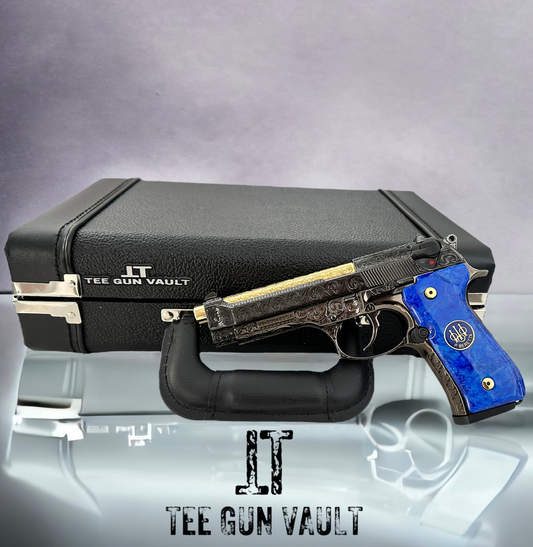 Beretta 92 M9 custom fully engraved black nickel with 24k gold barrel and custom blue grips 9mm (pre-owned)