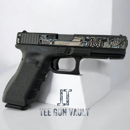 GLOCK 17 CUSTOM ENGRAVED WITH BLUE FINISH SLIDE ZAPATA DEEP ENGRAVED ZEV BARREL , AGENCY TRIGGER