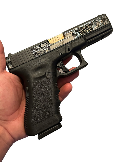 GLOCK 17 CUSTOM ENGRAVED WITH BLUE FINISH SLIDE ZAPATA DEEP ENGRAVED ZEV BARREL , AGENCY TRIGGER