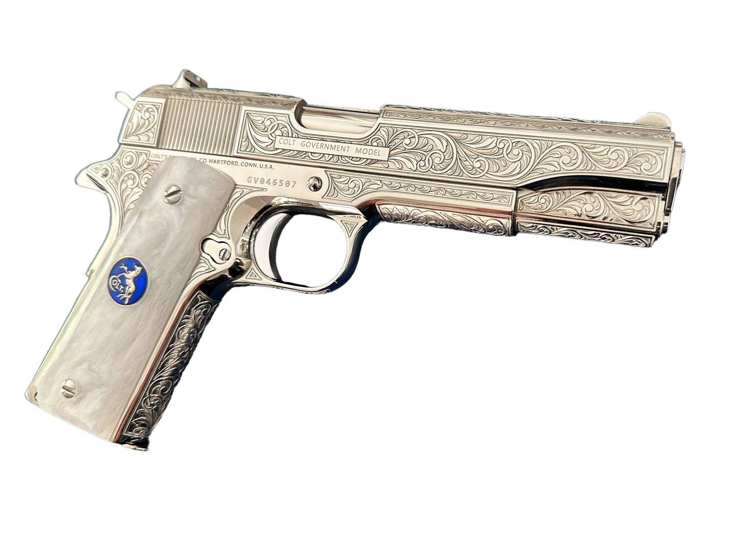 Colt Custom 1911 Government fully engraved high polished and nickel plated