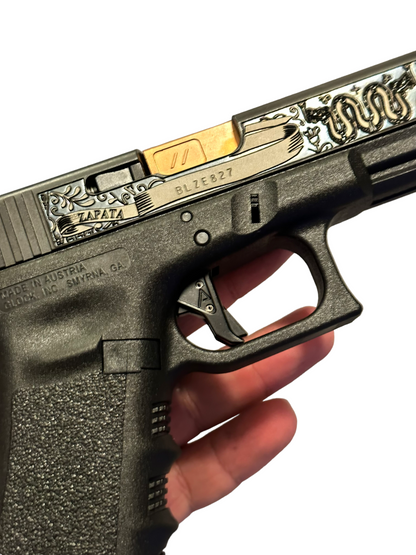 GLOCK 17 CUSTOM ENGRAVED WITH BLUE FINISH SLIDE ZAPATA DEEP ENGRAVED ZEV BARREL , AGENCY TRIGGER