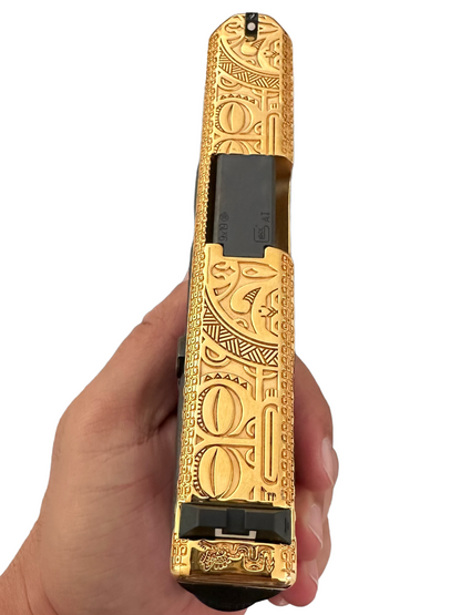 CUSTOM GLOCK 26 GEN 3 FULLY ENGRAVED AND 24K GOLD PLATED SLIDE MAYAN AZTEC