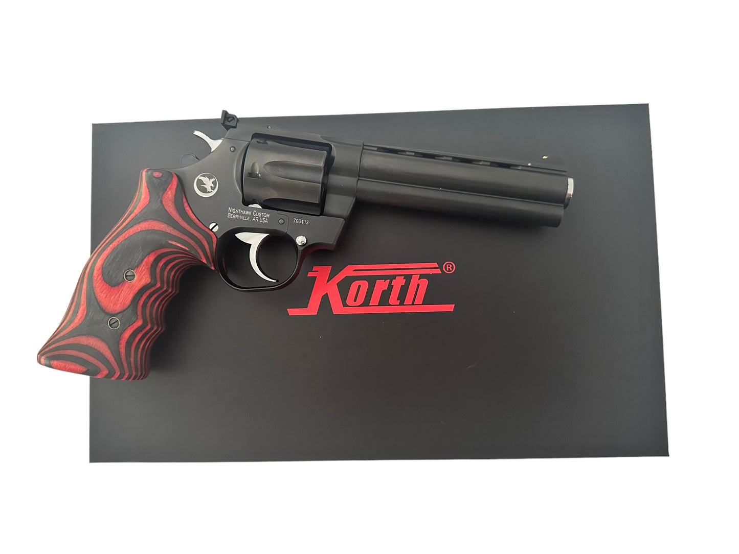 Nighthawk custom Korth Mongoose 5.25" .357 357 Magnum, 5.25", Custom Double Action Red/Black grips