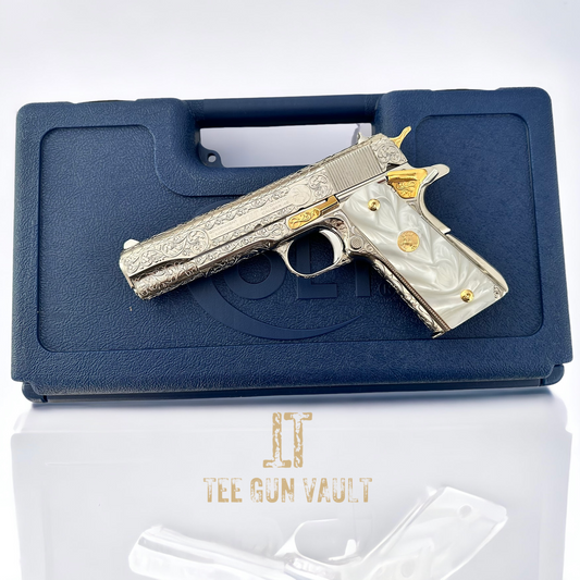 COLT CUSTOM 1911 FULLY ENGRAVED, NICKEL PLATED AND 24K GOLD PLATED ACCENTS 45acp