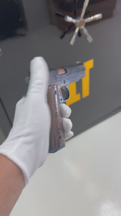 KINGS RIVER CUSTOM LEVEL III; CUSTOM WOOD DISPLAY CASE. HAND ENGRAVED CASE HARDENED .45ACP
