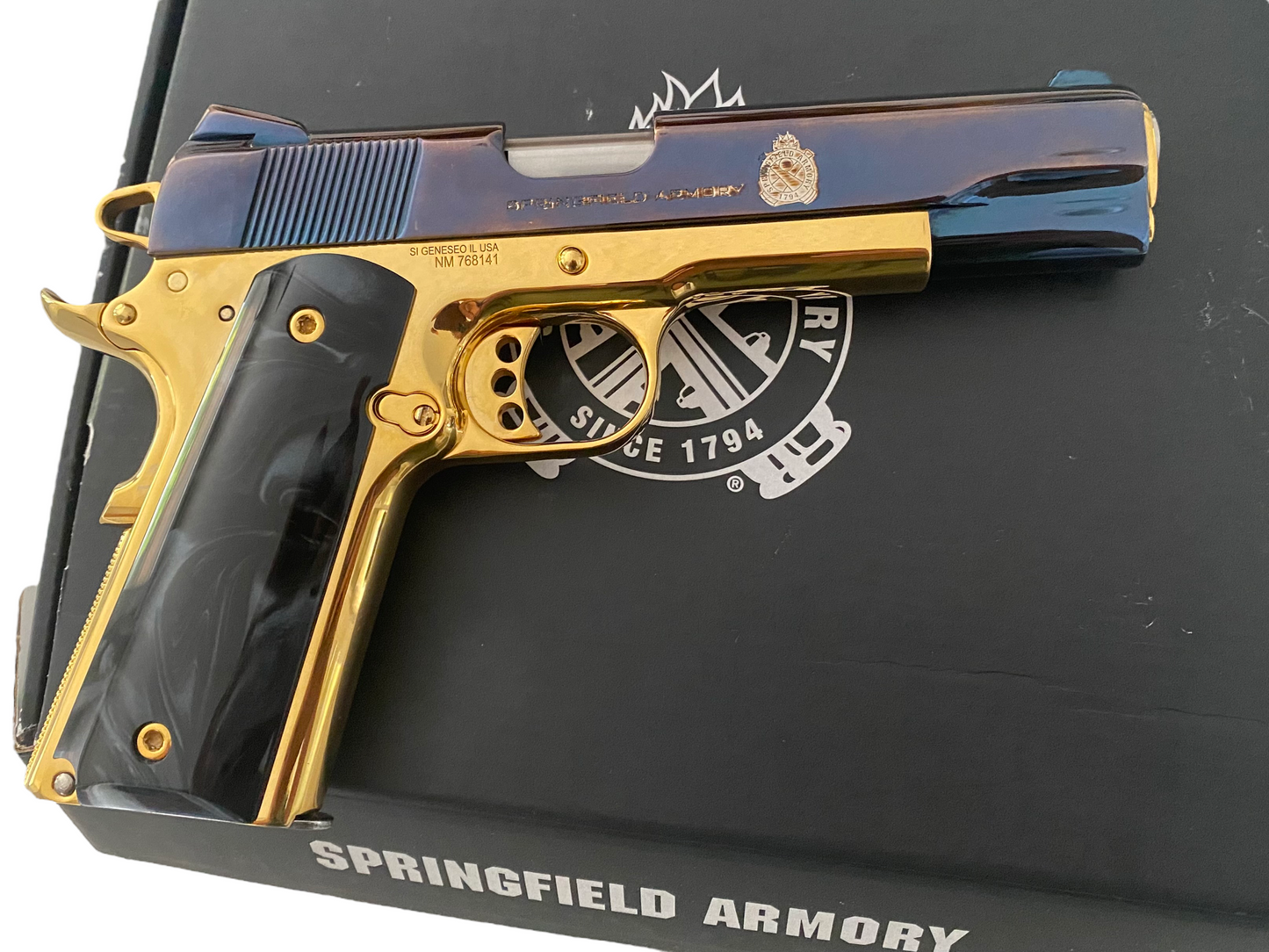 SPRINGFIELD ARMORY GARRISON 1911 9MM BLUE CHROME AND 24k gold plated