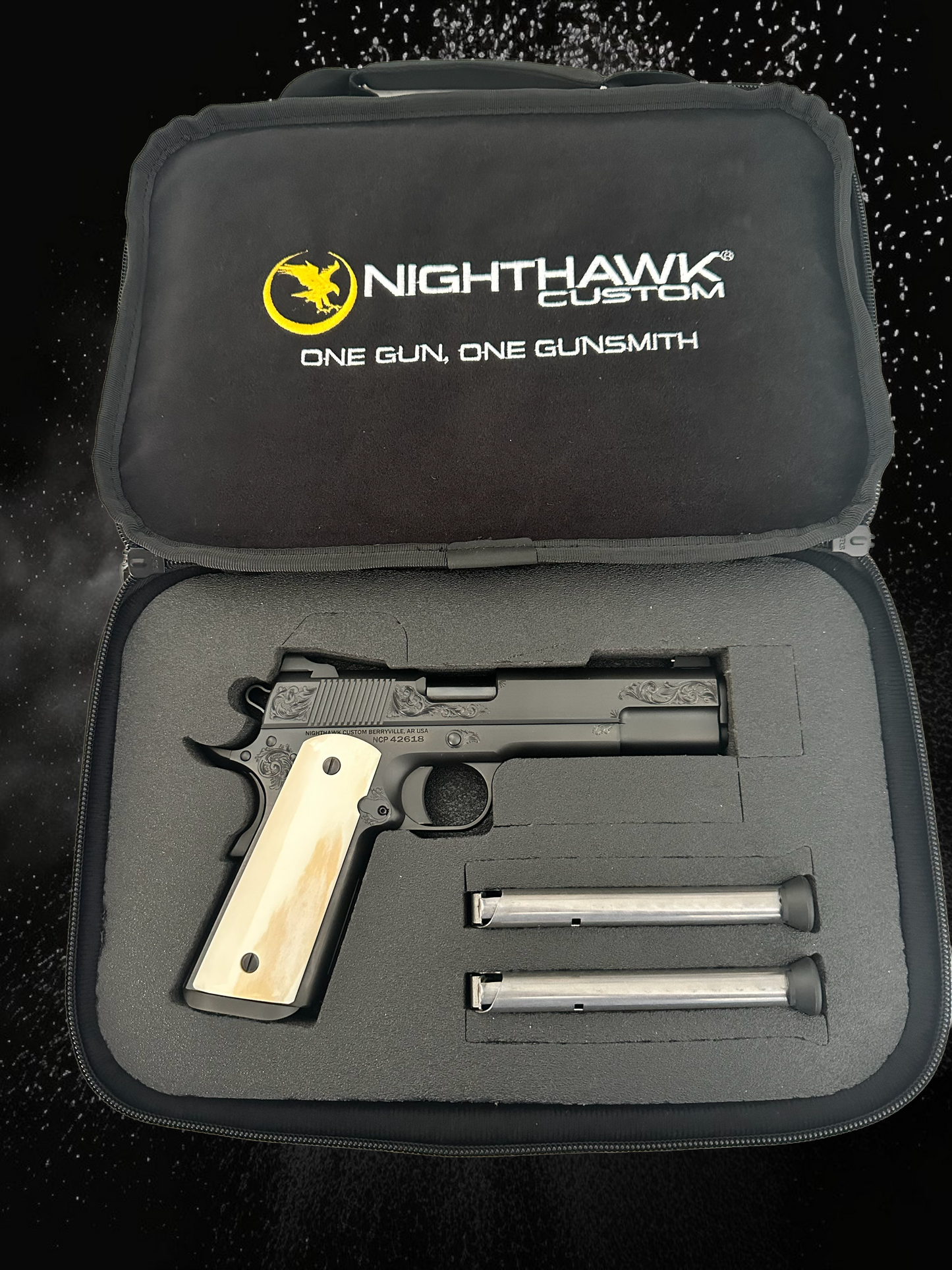 NIGHTHAWK CUSTOM VIP BLACK 45ACP GIRAFFE BONE GRIPS