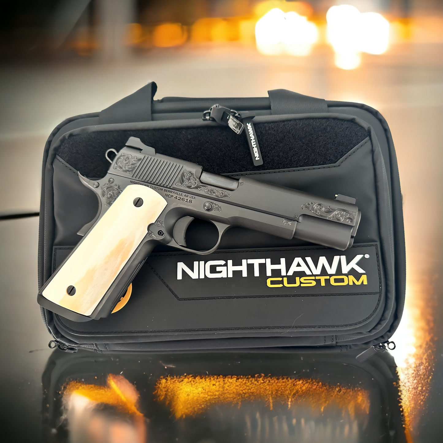 NIGHTHAWK CUSTOM VIP BLACK 45ACP GIRAFFE BONE GRIPS